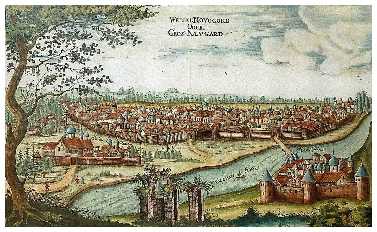 Господин Великий Новгород. Рис. из кн. Адама Олеария «Описание путешествия в Московию», Шлезвиг, 1656