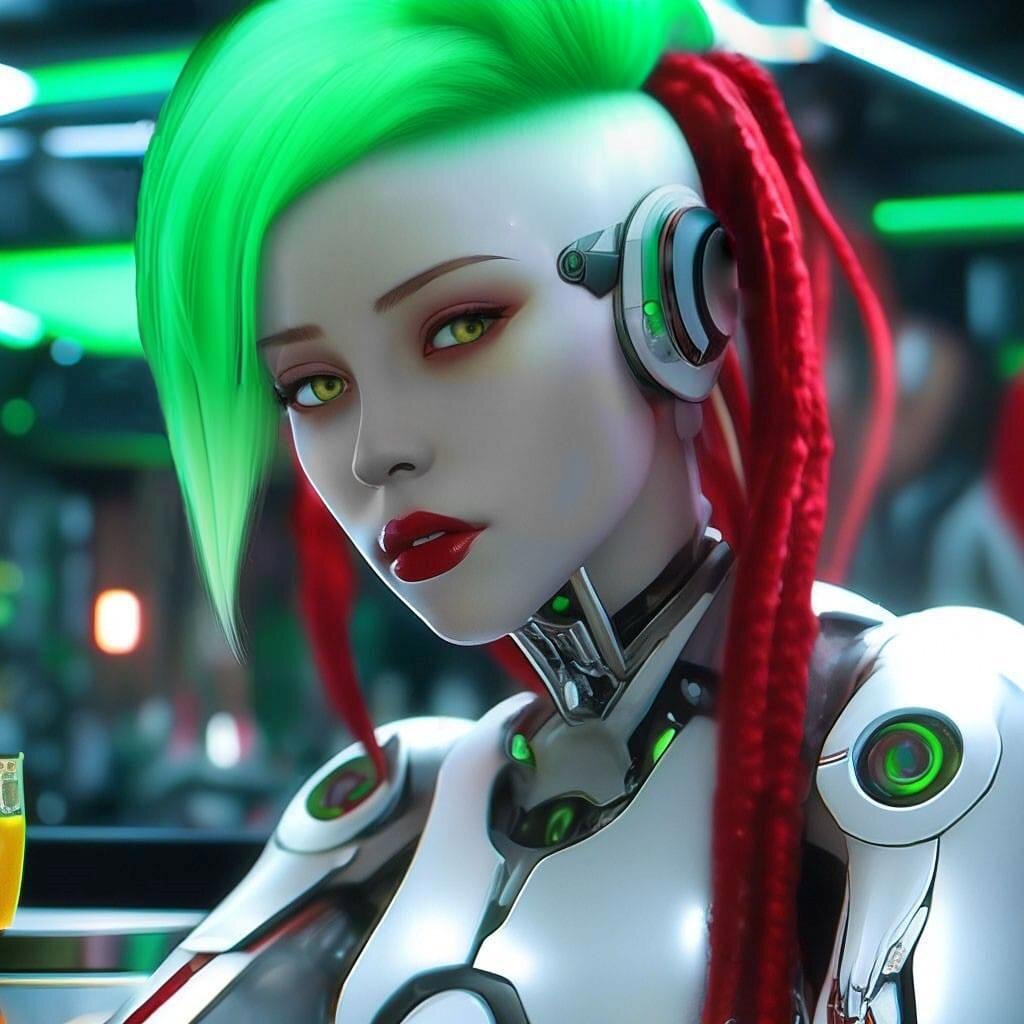 Рядом женщина-кибер с кислотно зелеными, разбавленными малиновыми прядями волосами. Сидела, закинув свою металлическую ногу на стол. Одета она при этом была в короткий топ и мини-юбку, от чего светила своим нижним бельем, ничуть этого не смущаясь.