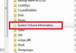 Папка System Volume Information в корне раздела жесткого диска