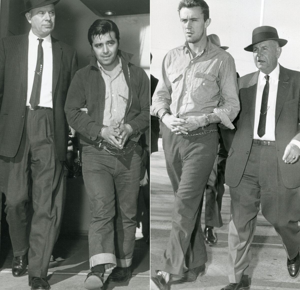 Перри Смит (слева) и Ричард Хикок были арестованы в Лас-Вегасе в связи с убийством четырех членов семьи Клаттеров в сельской местности Канзаса 15 ноября 1959 года. Предоставлено Архивом обзоров журнала Лас-Вегаса.