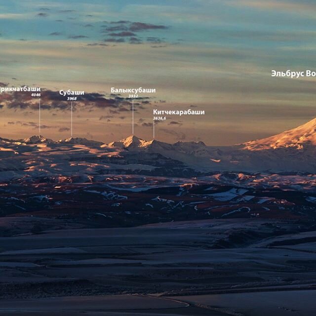Крутая панорама с названиями Кавказских гор