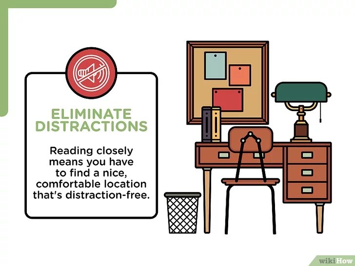 1.Устраните все, что вас отвлекает. Выключите компьютер, телевизор и музыку. Трудно читать, особенно сложный текст, когда внимание постоянно отвлекается. Для внимательного чтения вам нужно приятное и комфортное место без отвлекающих элементов.