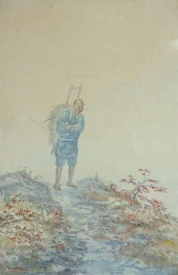 Artist:Yoshida Hiroshi Title:Autumn landscape with Japanese peasant walking with a bundle of firewood