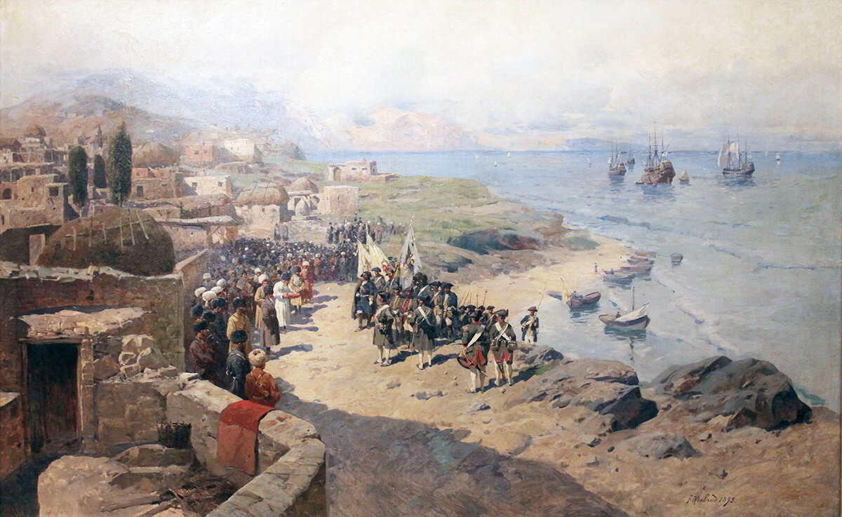 Вступление Петра I в Тарки 12 августа 1722 году. Картина Франца Рубо.