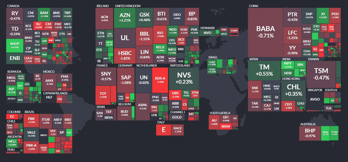 World Map всех стран, где существует рынок ценных бумаг