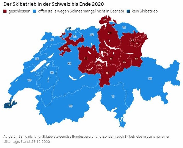 Красные кантоны – курорты закрыты, голубые – курорты открыты, синие – курорты отсутствуют (23.12.2020)
