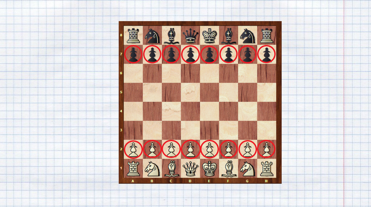 В начальной позиции и у черных, и у белых по 8 пешек. 