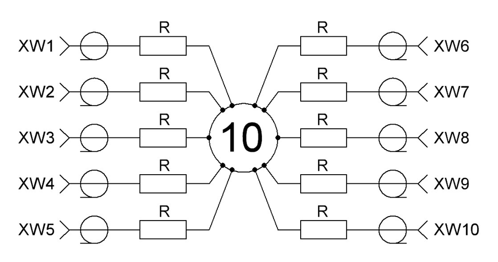 Рис. 1. Схема сумматора-делителя «звезда» на 10 лучей.