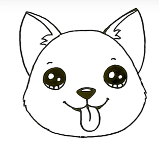 Рисуем большие круглые глазки и треугольный носик, вниз от которого пойдут два полукруга мордашки. Закрашиваем глазки и носик, оставляя белыми зрачки и блики. Добавляем язык, с полоской посередине и брови.
