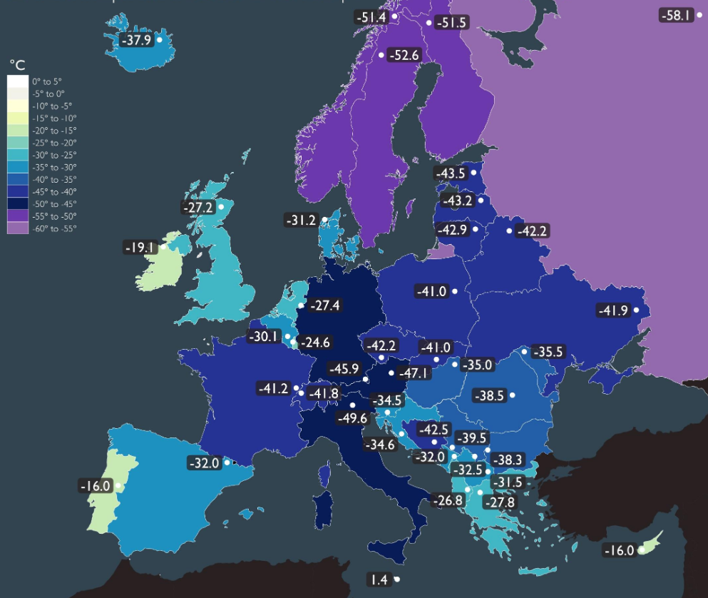 Самые низкие температуры, зарегистрированные в странах Европы