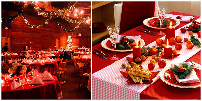Красный цвет — классика новогоднего оформления банкетного зала