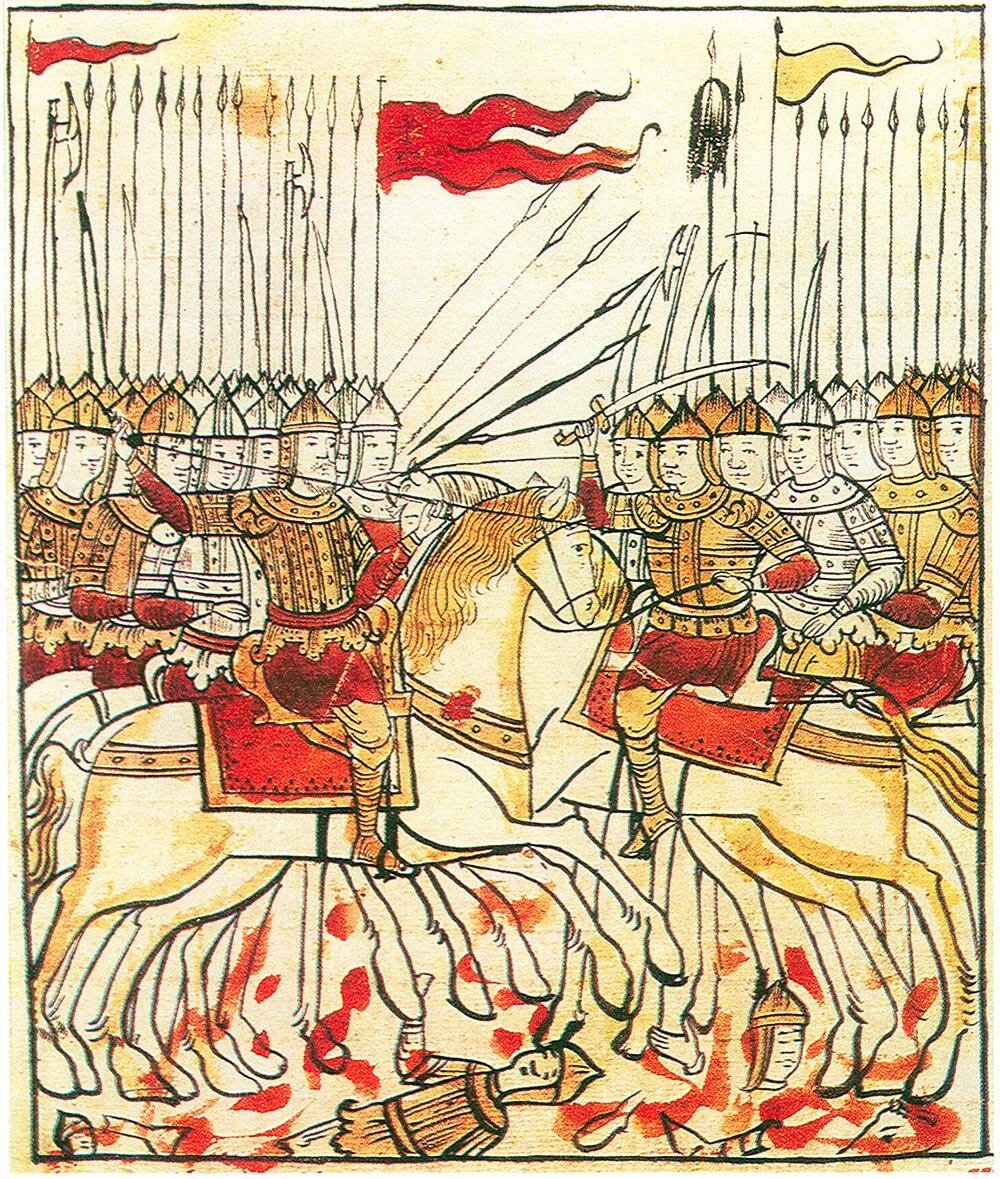 Миниатюра из рукописи «Сказание о Мамаевом побоище», XVII век.  Источник: wikipedia