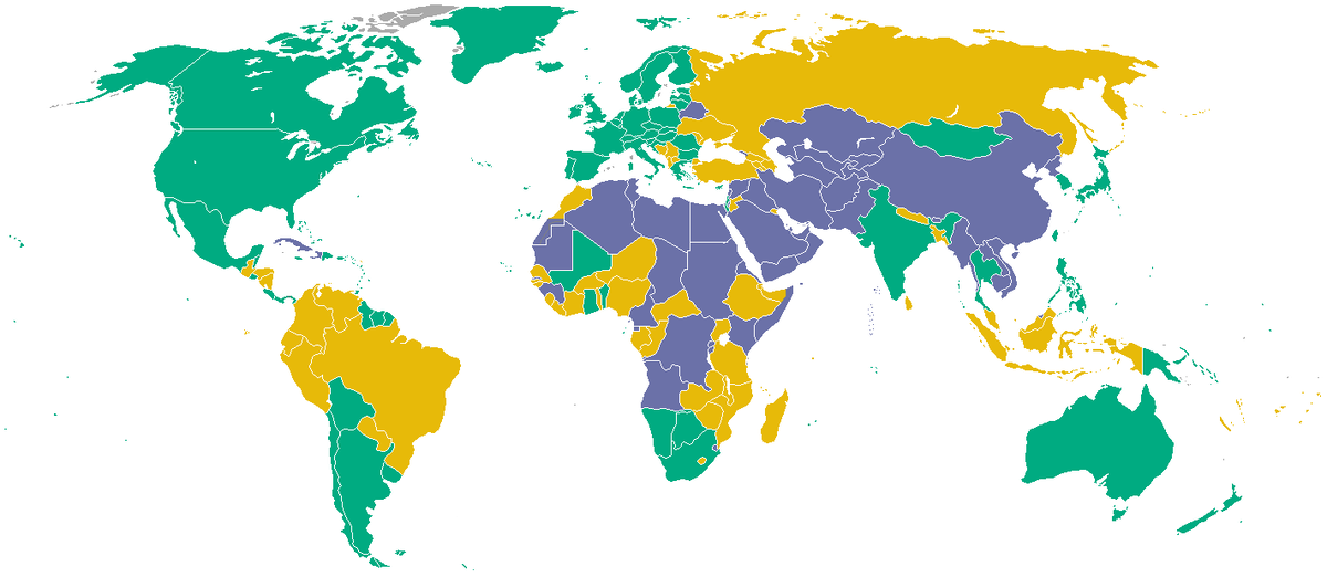Страны по рейтингу свободы. Зеленым цветом отмечены наиболее свободные страны.