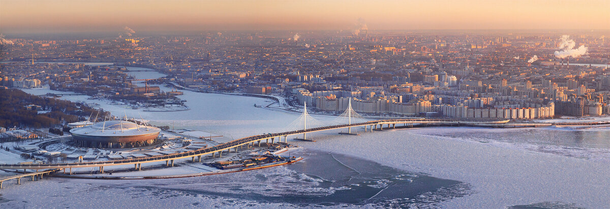 Вид на стадион СанкттПетербург, Крестовский остров, ЗСД и Васильевский остров.
