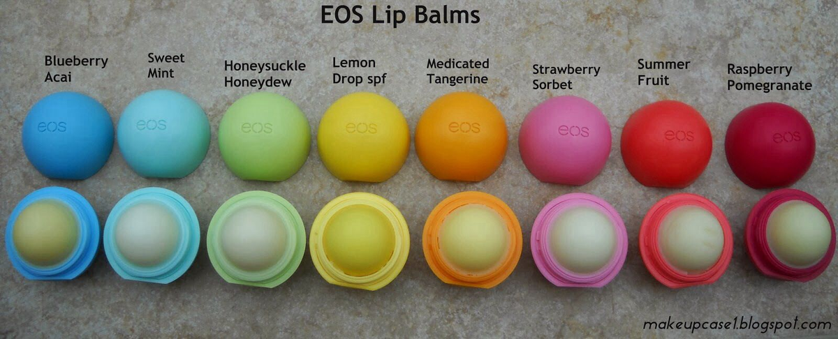The whole range of EoS lip balms.