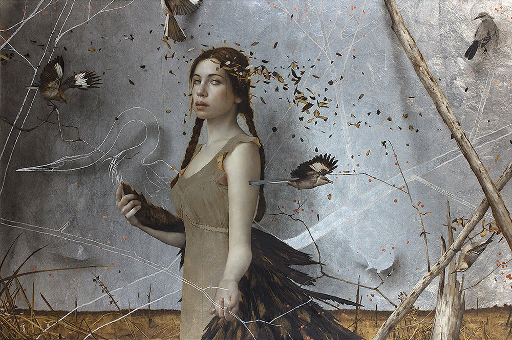 Вот, История Без Прошлого, 2017 Год. Масло, золото и серебряный лист на льняной панели. 40x60 дюймов.