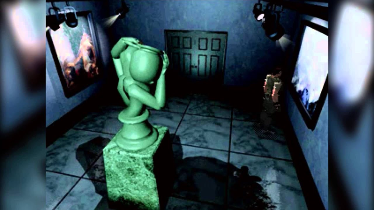 Мы смотрим, как будто от лица камеры, висящей под потолком. Resident Evil