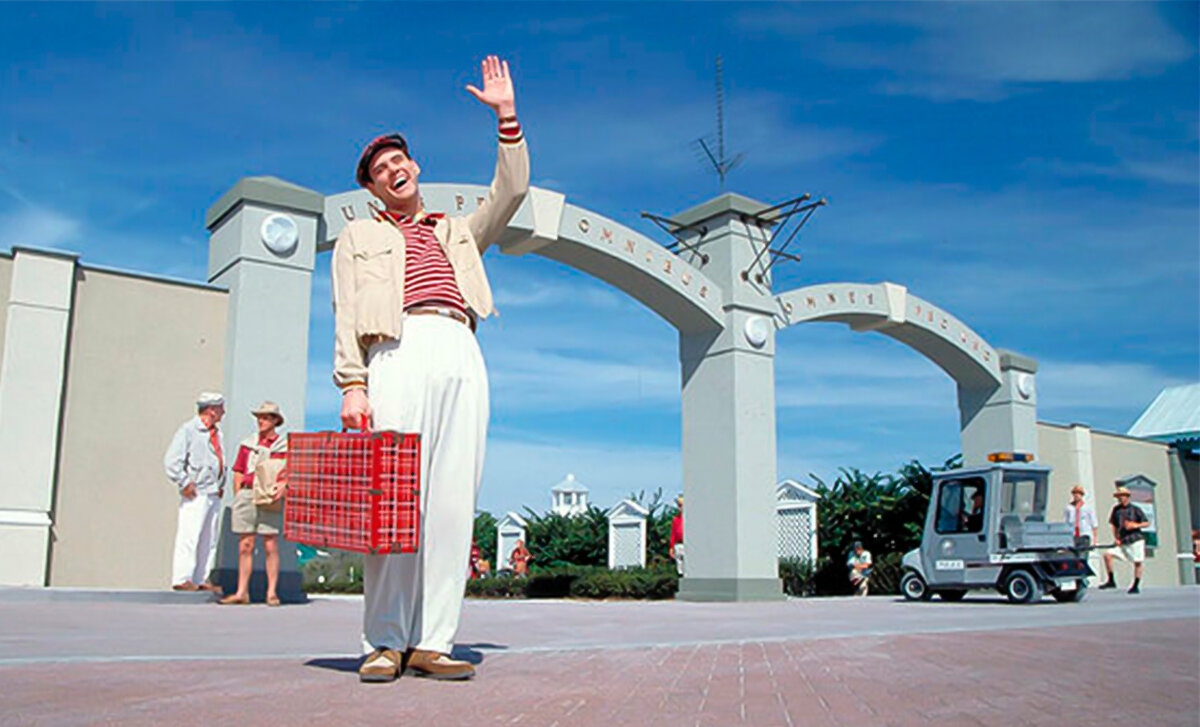 Кадр из фильма "Шоу Трумана" (англ. The Truman Show), 1998 года с Джимом Керри