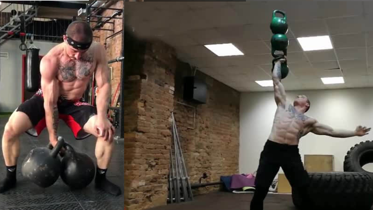 Виктор Блуд: слева поднимает гири весом 80 и 88 кг. Справа 3 гири весом по 24 кг.