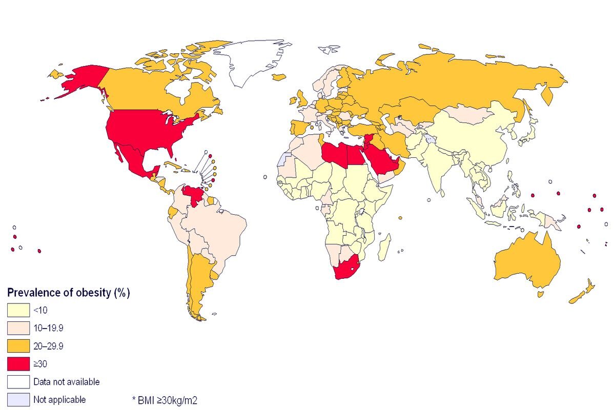 Статистика ожирения по странам за 2016 год.