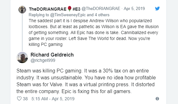 Steam убивает PC-гейминг. Это 30% налога на всю индустрию. Это нежизнеспособно. Вы просто не представляете, насколько это было прибыльно для Valve. Виртуальный печатный станок. Это извратило всю компанию. Epic исправляет это для всех геймеров.