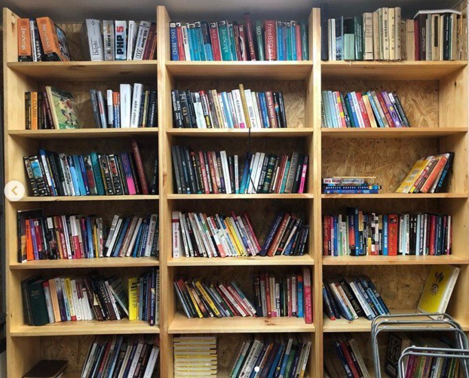 
Книг у меня настолько много, что пришлось часть вынести в гараж и сделать там книжный шкаф.
