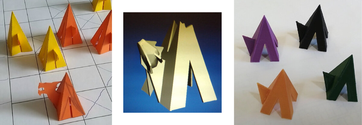 Слева — картонные фишки. В центре — 3D-модель (с головой беда, знаю). Справа — фишки, отпечатанные на 3D-принтере