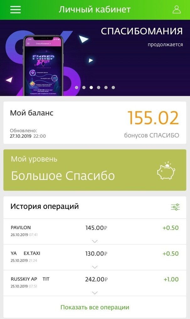 Вид личного кабинета в приложении "Спасибо от Сбербанка"