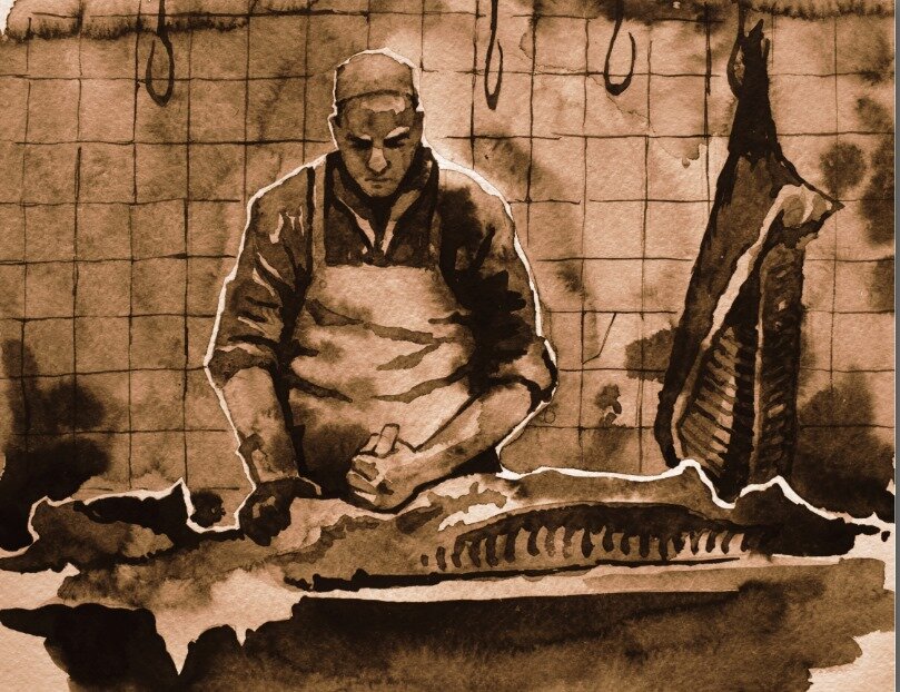 Монотонные удары ножа успокаивают. Его крепкая режущая кромка почти не тупится во время резки. Мясник Александр лично следит за тем, чтобы нож был всегда безупречно наточен и как следует входил в плоть. Он проработал в этом цеху уже десять с лишним лет и просто не может себе позволить такой непрофессиональности. 
Он любит свою работу, он отдается ей полностью, тем самым благодаря её за то, что она освобождает его разум от всяких ненужных мыслей, очищая девственное древо сознания от ненужных заумных наростов. Поэтому целые дни напролет он режет свиней, коров и баранов, поступающих к нему от свояка.

Единственное, что его сейчас тревожит, это холодильник. Он слишком часто начал ломаться. Ему даже пришлось освоить пару технических уроков, чтобы старый друг совсем не развалился. Но, увы, возраст берет свое, и скоро старый кусок металла издаст последний вздох. А ещё при мысли о холодильнике на грубом лице Александра появляется улыбка. Ему кажется, что это неплохая шутка – сравнить холодильник с человеком.

Есть ещё пёс. Старый больной Джонни, который вот уже два года таскает ноги как прибитые к заднице доски. Он до последнего старается быть нужным и никогда не забывает подползти к двери, когда Александр приходит домой. Пёс знает слово «верность», он выучил его ещё с рождения. Поэтому Александр просто не может зарезать этого верного пса и до последней минуты будет заботиться о нём.

Играет тихая музыка. Священный мудрый «Ленинград», вокалист которого орёт простую песню о несчастной любви, подбирая для исполнения родные сердцу слова. Вокалист этой группы нравится Александру, он не любит, когда слова слишком сложные, а музыка слишком тяжелая для понимания.

Заканчивая этот день, мясник вешает окровавленный фартук и очищает нож. Каждый день он забирает его с собой, аккуратно упаковав в новенький чехол, где металл лучше всего сохранит свою холодную силу. Для Александра нож – не только рабочий инструмент, он часть его души. Такой же простой и твердой, такой же цельной.

Дождь. В этот вечер он пронзает небо. Холодный, по-настоящему осенний дождь падает на лицо, стекая по нему обильными каплями. Он заставляет запах крови уйти вниз, в грязь, где она быстро смешивается с мутной водой и уже не может отпугивать людей. Александр поднимает лицо вверх. «Там, где видно темные тучи, рождается небесная вода» – так говорила о дожде его мать, когда она еще была жива и пела ему колыбельные. Это было давно, но каждый раз в дождь он вспоминает о ней.

Тук, тук, тук, падают капли. Тук, тук, тук, раздаются хлюпающие шаги рядом с ним, когда, несколько забывшись, он мечтательно смотрит вверх. Почувствовав, что шаги прекратились, Александр опустил голову и недовольно посмотрел на человека, который столь неделикатно помешал ему. Он очень не любил, когда в эти редкие минуты теплых воспоминаний о его детстве появлялись посторонние люди. Один раз он даже ударил местного алкаша, решившего поживиться за счет этих прекрасных воспоминаний. Просто удивительно, насколько ловко этот вонючий алкоголик выбрал момент для попрошайничества. А ещё больше он не любил, когда на него смотрели со стороны. Он даже для этого задерживался дольше в мясном цеху, лишь бы поздно ночью возвращаться домой.

Женщина. Красивая, высокая, стройная. Как в кино, только куда прекрасней. Но грустная. Это чувство Александр распознавал намного лучше остальных. Очень грустная. Внимательно смотря на него, она слегка улыбнулась и, что самое удивительное, нисколько не испугалась, хотя для многих первая встреча с ним характеризуется, как правило, страхом или брезгливостью.

Невысокий, широкоплечий, он никогда не был красавцем. Заслуженно стараясь быть чаще в одиночестве, нежели в толпе людей. Огромная физическая сила и крепкое здоровье, видимо, шли в обмен на прекрасное лицо эталонного мужчины с обложки. Поэтому единственное, что его хоть немного красило – это глаза, точнее, их чистый голубой цвет.

Чувствуя, что она не уходит, Александр испытал неловкость. Он легко расправлялся с мужчинами, но с женщинами полностью терялся и старался ретироваться при любой не только вспышке гнева, но даже самой безобидной ситуации. Так же и тут, видя, что она не уходит, он решил уйти сам. Хотя и очень, очень этого не хотел, ведь дождь чистил не только его лицо, но и душу, смывая странную ностальгическую грусть по самым светлым дням его детства.

Решив не хамить и молча уйти, он решительно развернулся и хотел было направиться к дому. Как вдруг она окликнула его. Тихо, почти шепотом, как будто держалась из последних сил. Он неохотно обернулся. Да, она и вправду была прекрасна, как маленькая фея из мультфильма, который Александр частенько смотрел в детстве.

У неё были огромные светящиеся глаза, аккуратные брови и тонкий дивный силуэт. Такие женщины влюбляли без остатка, и Александр очень явственно ощутил это, потому что уже после секундного рассмотрения ему было сложно отвести взгляд.

Она еле стояла на ногах. Кровь стекала по её бледной руке. Теперь он заметил, что она слишком бледна, что её дыхание слишком тяжелое для простой прогулки. Остановив взгляд на её пальто, он увидел, что несколько пуговиц сорвано и единственное, что сдерживает ткань, это её вторая рука.

Он не любит, когда бьют женщин. Не то, чтобы он был добрым защитником, просто не любит. Причину такого понимания этой ситуации старался не искать, потому что не любил копаться в себе, это была не его стихия, и в ней он чувствовал себя очень некомфортно. Зато он отлично разбирался в агрессивных людях, один из которых как раз подходил к нему.

Это был высокий крепкий брюнет лет двадцати. Он был отлично сложен и одет. Красивое кожаное пальто сидело на брюнете просто отлично, словно было сшито на заказ, точно по его меркам. Резкий, быстрый, он решительным шагом сокращал расстояние. Александр видел, как, почти поравнявшись с ними, он открыл рот и хотел что-то сказать женщине.

Но не успел. Мощный удар в челюсть повалил брюнета в липкую грязь. Выбив ему при этом два коренных зуба и левый клык, который неприятно впился в большой палец левой руки. Женщина лишь вздрогнула, заворожённо глядя на окровавленную руку Александра, который задумчиво вытаскивал обломок зуба.

Дома ему предстояло опять зашивать кисть. Или хотя бы промыть её водкой, которой становилось катастрофически мало. Он использовал её для шлюх, которые иногда приходили к нему домой. Теперь же он явно использует остатки горячей жидкости не по назначению, отравив себе такой прелестный вечер.

Александр посмотрел на брюнета. В грязи он растерял всё свое былое очарование и смотрелся лишь как кусок тела, как обычная свиная туша, выброшенная хозяином в грязь. Разве что на мясе была одежда, да щетина побрита.

— Вы не проводите меня? – спросила женщина, кутаясь в пальто.

Александр посмотрел в её сторону. Он не понимал, как можно было кутаться от теплого дождя. Ведь дождь нисколько не морозил кожу, наоборот, согревал её. Наверное, это последствия того, что её били, подумал он и протянул ей руку. Он никогда не гулял с такой красивой женщиной и даже не знал, как надо себя правильно вести.

Но она оказалось молодцом. Шла тихо, ни о чем не спрашивала. Лишь периодически всхлипывала, вытирая падающие на лоб капли. Она почти как молчаливая проститутка, подумалось Александру. Ведет себя так же грамотно, ровно, как и надо. Всё для того, чтобы такой мужчина, как он, спокойно проводил её до дома.

Остановившись у двери, он отпустил её руку и, изобразив на лице улыбку, показал на дверь. Он не знал, как лучше это сделать, как выразить правильнее свое пожелание добра и сконфуженно изобразил, что смог, потратив на это весь свой запас эмоций на день.

— Спасибо, – тихо сказала она и замешкалась, пытаясь назвать его имя, которого, естественно, не знала, которое он ей, естественно, не назвал. Но он и не хотел говорить ей его. Он считал, это пустая трата слов, бесполезное, скучное занятие.

— Не за что, – тихо ответил Александр, собираясь уйти, как вдруг она наклонилась к нему и поцеловала.

Александр замер. Он никогда не испытывал особой телесной привязанности к поцелуям. Все его женщины просто выполняли работу и никогда не доводили дело до абсурда, они просто выполняли то, за что им платят, не более. А тут… Тут что-то непонятное о том, что пишут в умных книжках. Непонятное, но очень приятное. Он сразу ощутил тепло её губ, накрашенных яркой помадой, таких пухлых и нежных. Таких, каких ему ещё никогда не доводилось касаться.

Он молча смотрел на неё, всматриваясь в её полузакрытые глаза. Дело в том, что он никогда не закрывал свои, он всегда открыто смотрел вперед и всегда видел всю картинку. И иногда ему это нравилось, как, например, сейчас, когда он смотрел на красивые длинные ресницы и слегка изогнутые брови. Он также уловил её запах, запах дивных незнакомых цветов, теплых и манящих. Ему закружило голову, вдруг захотелось как можно дольше удерживать её рядом с собой, не дать ей уйти, остаться с ней навсегда.

Но тут она отстранилась и, едва держась на ногах, пошла к двери. Её сильно шатало, с руки продолжала капать кровь, разбавляя своими яркими каплями грязь. Странно, смотря на них, ему совершенно не понравилось, что они мешают собой грязную землю, совсем не то, что с брюнетом, которого он бы ещё не раз протащил по земле, раздирая последнему остатки окровавленного лица.

«Номер, – раздался странный незнакомый внутренний голос. – Спроси её номер». Александр даже от неожиданности коснулся лба, он отчетливо его услышал, как будто в нем проснулся неизвестный ранее человек. Так удивительно и странно, может даже чуть-чуть страшно, но не ему, потому что он давно уже ничего не боится. И, тем не менее, он был, этот странный гулко звучащий голос.

— Постой, – неожиданно тихо, но четко сказал он и, заметив, что она остановилась возле самой двери, быстро добавил: – Будь осторожна.

А дальше все было как всегда: дом и верный Джонни, кличка которого всегда вызывала у него усмешку. Каждый раз, когда он звал пса, он неизменно ловил себя на мысли, что очень уж странная у его собаки кличка. И постоянно при этом улыбался, радуясь своей лихой манере пошутить. Ему казалось, что так он насолил всем американцам, которых почему-то недолюбливал. Может, виной тому русские фильмы, где они, как правило, были плохими. Или же сатирик Задорнов, этот умный историк, который всегда говорил, что они глупые. Александр не знал точно, что конкретно заставляло его недолюбливать этих людей, в общем-то, не причинивших ему никакого вреда. Но, тем не менее, видя морду псины и зовя её американским именем, он всегда веселился, при этом любовно гладя верное животное по мохнатой макушке.

— Эх, Джонни, Джонни, ты даже не представляешь, старина, что сегодня я сделал! А ведь это был самый настоящий добрый поступок, пусть и сочетающий разбитую морду мажора. Но это не главное, старина, ты представляешь, его подруга, наверняка какая-то модель, поцеловала меня! Прикинь, старина, меня, пожалуй, самого уродливого мужика в округе, – тут он не выдержал и расхохотался своим громким басом, спровоцировав пса на громкий лай.

— Да, да! Я сам не ожидал такого поворота событий. Впрочем, – тут он поймал себя на странной мысли. – Мне надо немного отлучиться, я бы с удовольствием поболтал с тобой, но тебе лучше поспать. Я приготовлю тебе что-нибудь пожрать, а сам пойду погуляю. Надо заглянуть кое к кому в гости.

Гости… Это не гости. Это больше похоже на странное сотрудничество между двумя прозябающими людьми. Но, увы, это сравнение пришло к нему только сегодня, ранее он запечатывал этот момент несколько иначе. Хотя, бог с ним, с определением, главное, что ему нравилось, как слаженно и четко шла их работа. Этой уже не молодящейся, постаревшей Вероники, местной богини платного дешевого счастья и его, могучего мужика, умеющего нормально говорить лишь со своей собакой.

Договорились о встрече. Он увидел её в черном видавшем виды платье. Она курила, была одна и охотно пустила его внутрь. Войдя в квартиру, он увидел, что на кухонном столе, застеленном старой цветочной клеенкой, стоит полупустая бутылка водки, рядом с которой красовалась пепельница с окурками. Ему нравилось, что там были лишь её сигареты, ничто не говорило о количестве клиентов, что было, несомненно, важным качеством профессионалки. Она привычно достала граненый стакан.

— А знаешь, у меня сегодня день рождения, – вдруг неожиданно сказала она и остановилась с водкой в руке.

Он посмотрел на неё. Разменявшая тридцатку женщина, в общем-то, не самый последний тираж, но уже явно не имеющий никакого светлого будущего. От неё уже не разит запахом умершего невинного ребенка, он давно в ней сгнил и рассыпался в прах. Лишь ветхость, старая продажная ветхость, которая так ненадежно укрыта в этом ещё не полностью убитом теле. Жалеет ли он её? Нет, конечно, нет, ему всё равно, он считает, что она как старый холодильник, нужно использовать, пока работает.

Вяло улыбнувшись, она наливает себе полный стакан водки. Её разрушенный мир снова скроет потоком горячей воды, впрочем, так всегда, когда она встречает своих клиентов. Печаль, возможно, желание что-то изменить, нет. Хотя, возможно, это и не так, он никогда не интересовался её прошлым, может, когда-то она и пыталась пробить себе более приятную тропинку в жизни.

Через тридцать минут он положил остаток зарплаты на комод и ушел. Это были последние деньги, то, что он не планировал тратить, но, тем не менее, потратил. Теперь надо будет таскать с работы мясо. Это, конечно, не страшно, но Александр этого не любил, почему-то воровство он не принимал, как данность и всегда старался обходиться без него. А если уж совсем прижмёт, то брал лишь еду. Как, например, в этот раз.

Непроизвольно, странно, случайно, все вышло из-за этой женщины, которая так неожиданно поцеловала его. Испытав новое чувство, он привычно решил, что это возбуждение, что он сможет легко удовлетворить его, переспав с проституткой, как это уже было ранее. Но, увы, он оказался не прав, чувство неудовлетворенности не исчезло, даже наоборот, после секса с Вероникой оно лишь возросло, словно получив дополнительную порцию дров. А ещё в голову беспрестанно шло сравнение, сравнение образов. Этих мягких манящий губ, глаз, запаха с одной стороны и падшей, убитой водкой женщины с другой. И в этом сравнении проститутка проигрывала так, что даже ноль казался завышением результатов.
