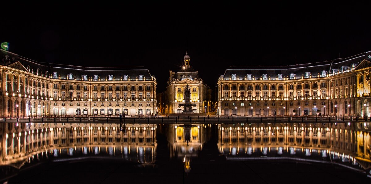 Пример симметричного пейзажа в городской среде. Площадь с фонтаном-зеркалом в Бордо.