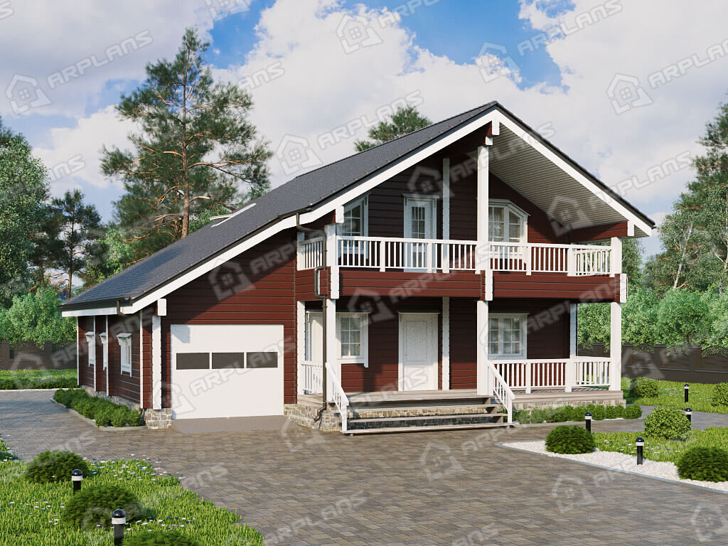Фото 1 двухэтажного дома из бруса с мансардой, 3 спальнями, балконом, газовой котельной,террасой и гаражом, 200 кв м. Источник arplans.ru Проект ДС-162