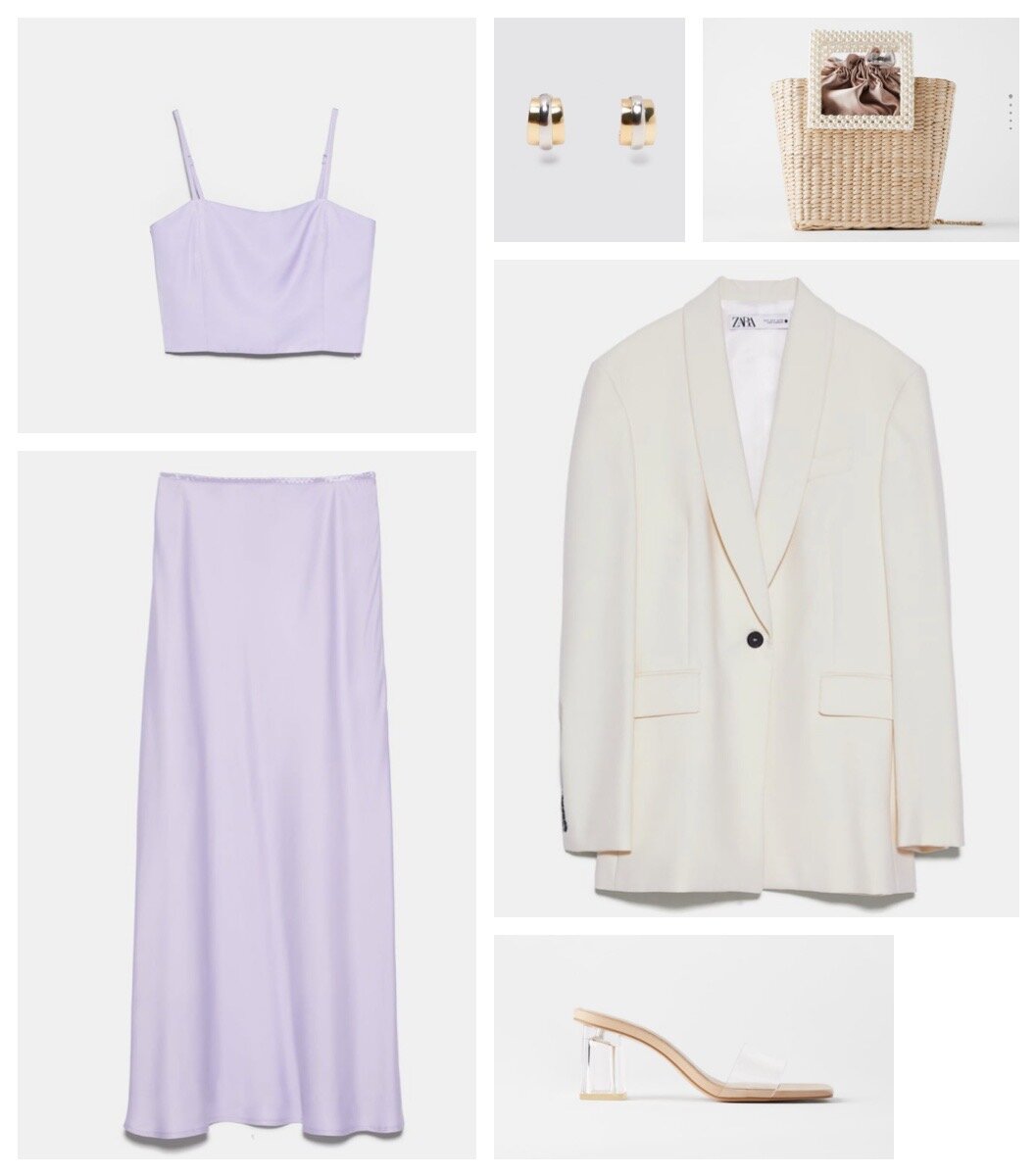  Топ - 1559₽;
Юбка - 2299₽;
Пиджак - 7999₽;
Серьги - 1299₽;
Сумка - 3599₽;
Туфли-мюли - 2999₽;
