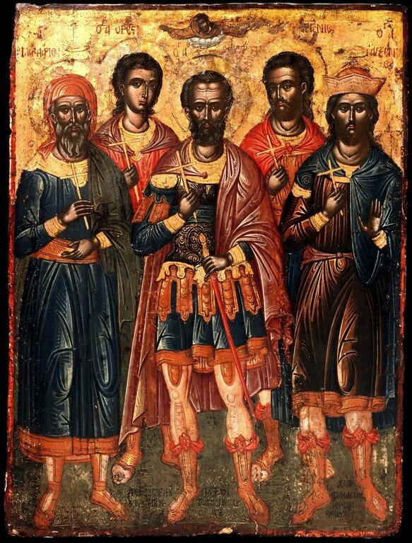 Икона святых мучеников Евстратия, Авксентия, Евгения, Мардария и Ореста. XVII в., Иоанно-Богословский монастырь на о. Патмос, Греция