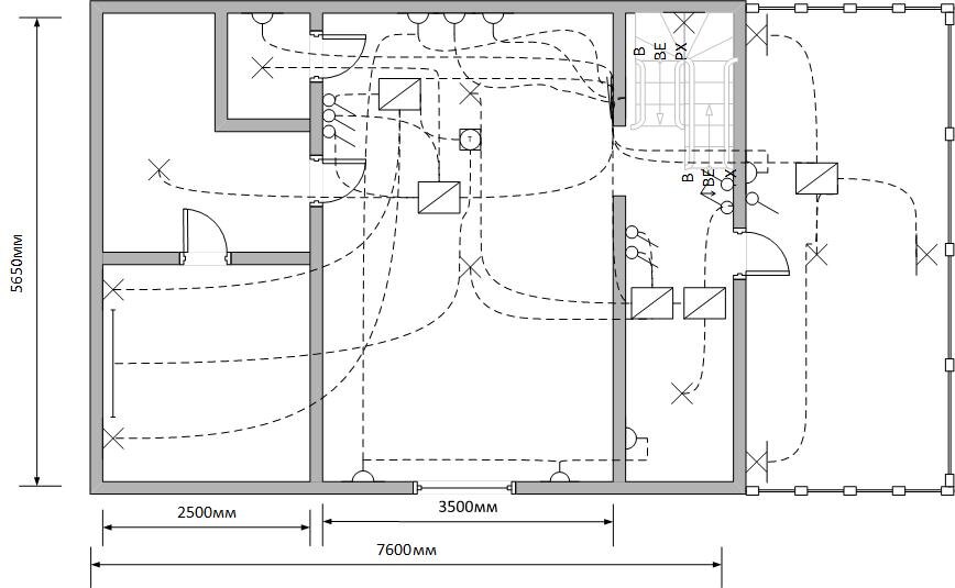 Часть нашего проекта загородного дома. Проводка показана условно, для понимания какой кабель куда идет и где соединяется. Места прокладки кабеля определяются по месту.