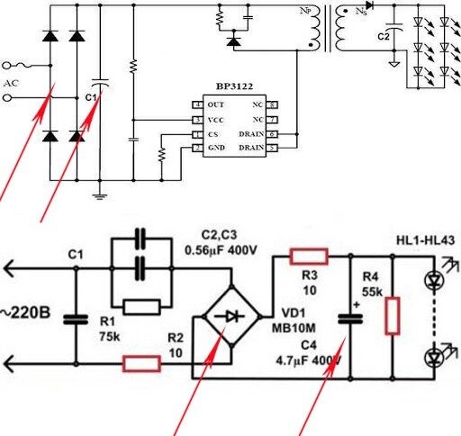 Выпрямитель и сглаживающий конденсатор есть у драйверов любого типа