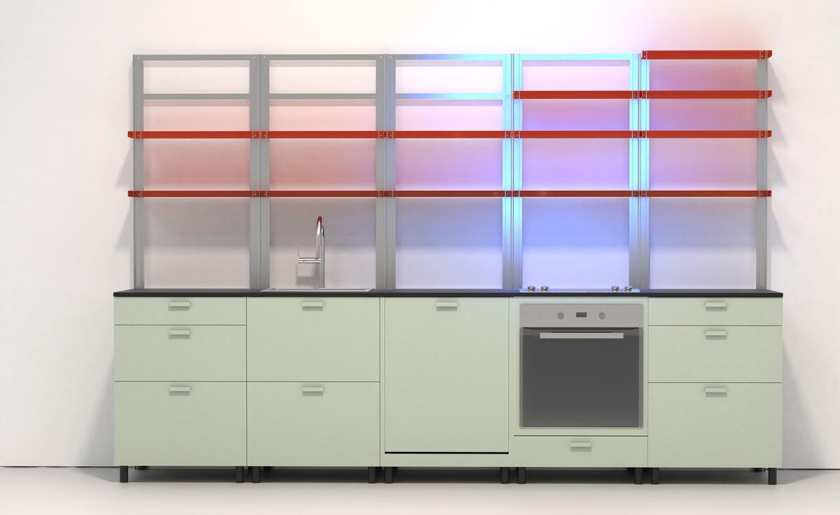 Средняя сборка Possi с ярко-оранжевыми полочками и фасадами цвета шалфея