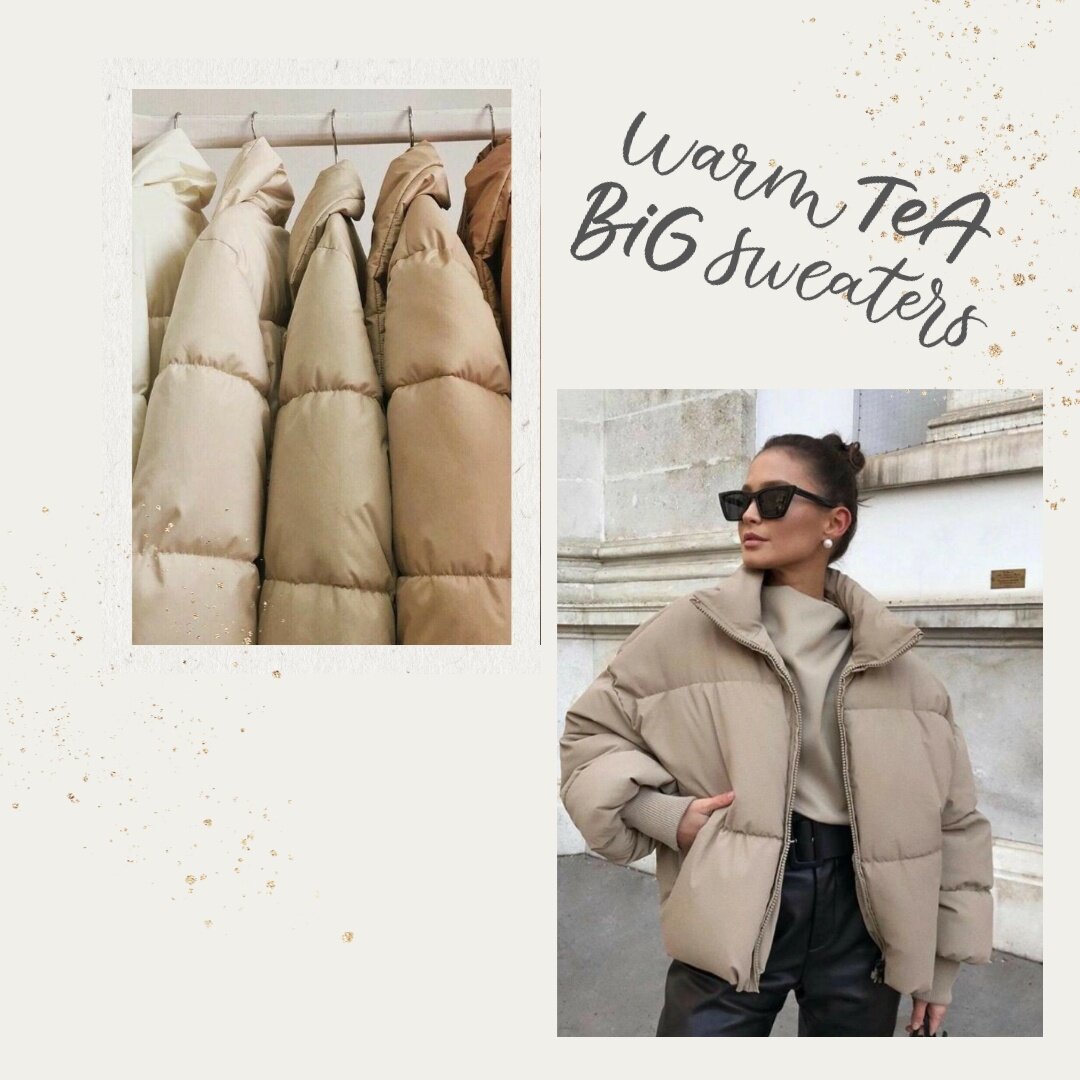 Арт-коллаж на тему стильных пуховиков.