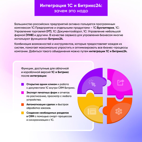 В этой статье – ответ на вопрос, для чего бизнесу связывать и без того удобные 1С и Битрикс, а также инструкция по интеграции двух систем.-2