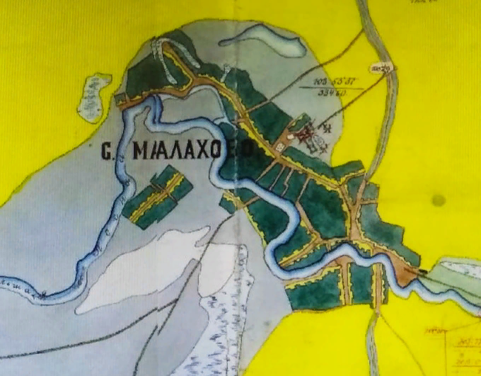 Карта Малахово 1912 года. Благодаря условным знакам, можно понять, где находились дома священнослужителей, церковная земля, школьная усадьба.