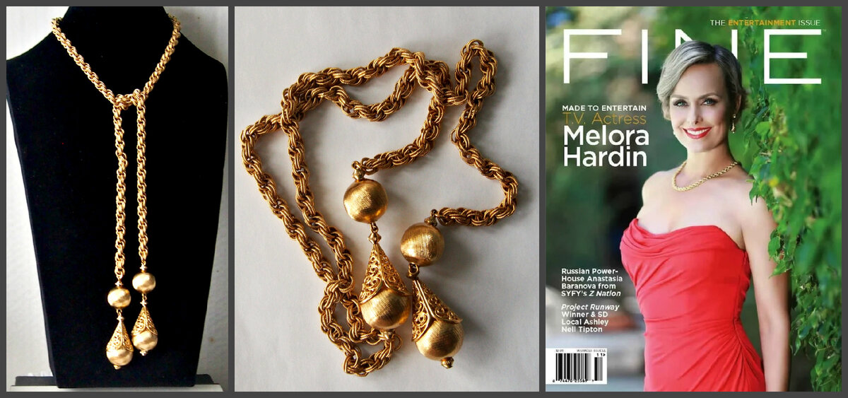 Фото автора. Колье Bolero от Monet в золотистом варианте. Выпускалось вместе с клипсами. На фото - актриса Мелора Хардин в клипсах Bolero