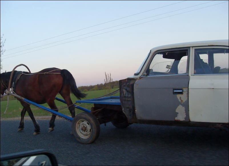 Лошадь буксирует автомобиль