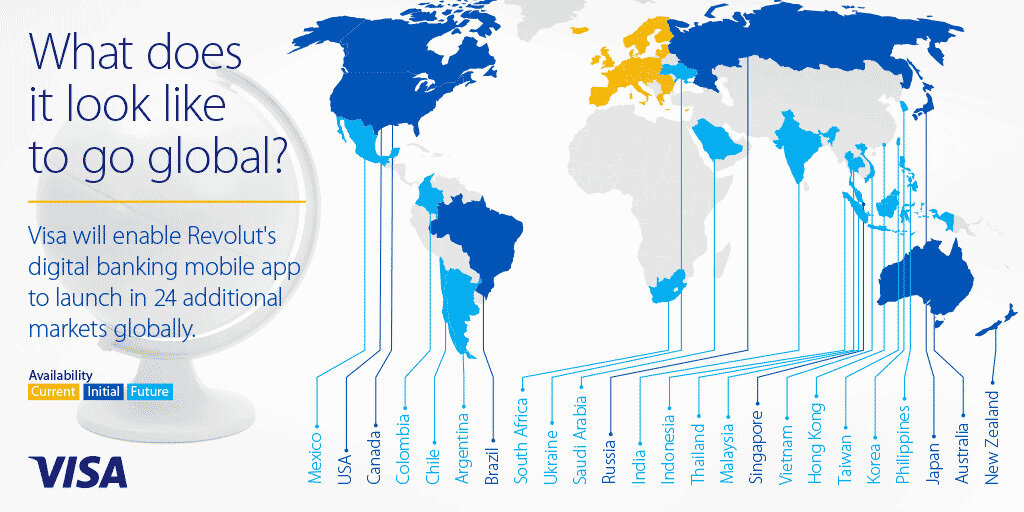 На какие рынки намерен выйти Revolut. Инфографика из пресс-релиза компаний.