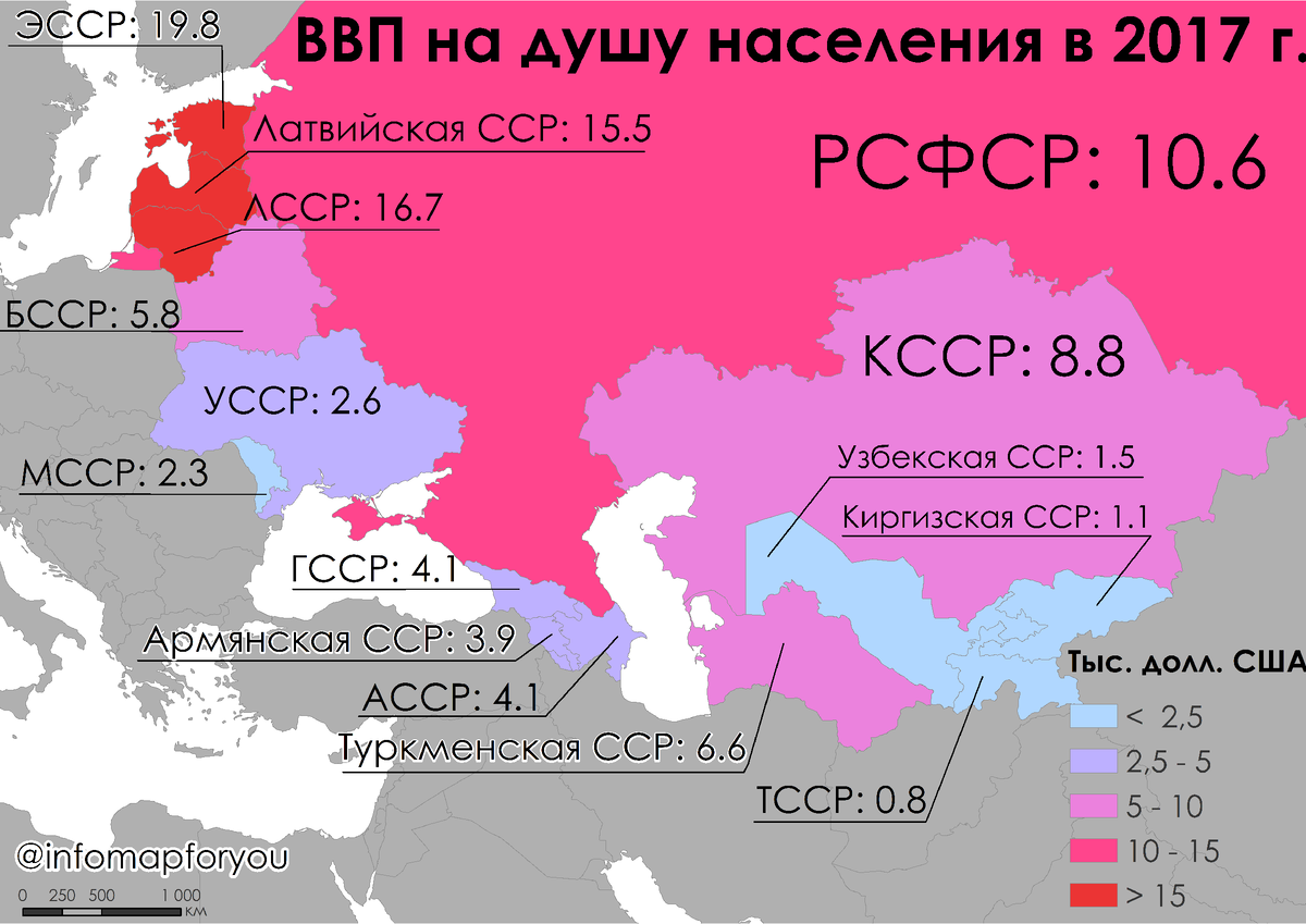 ВВП на душу населения в тысячах долларах США на момент 2017 г. в бывших республиках СССР