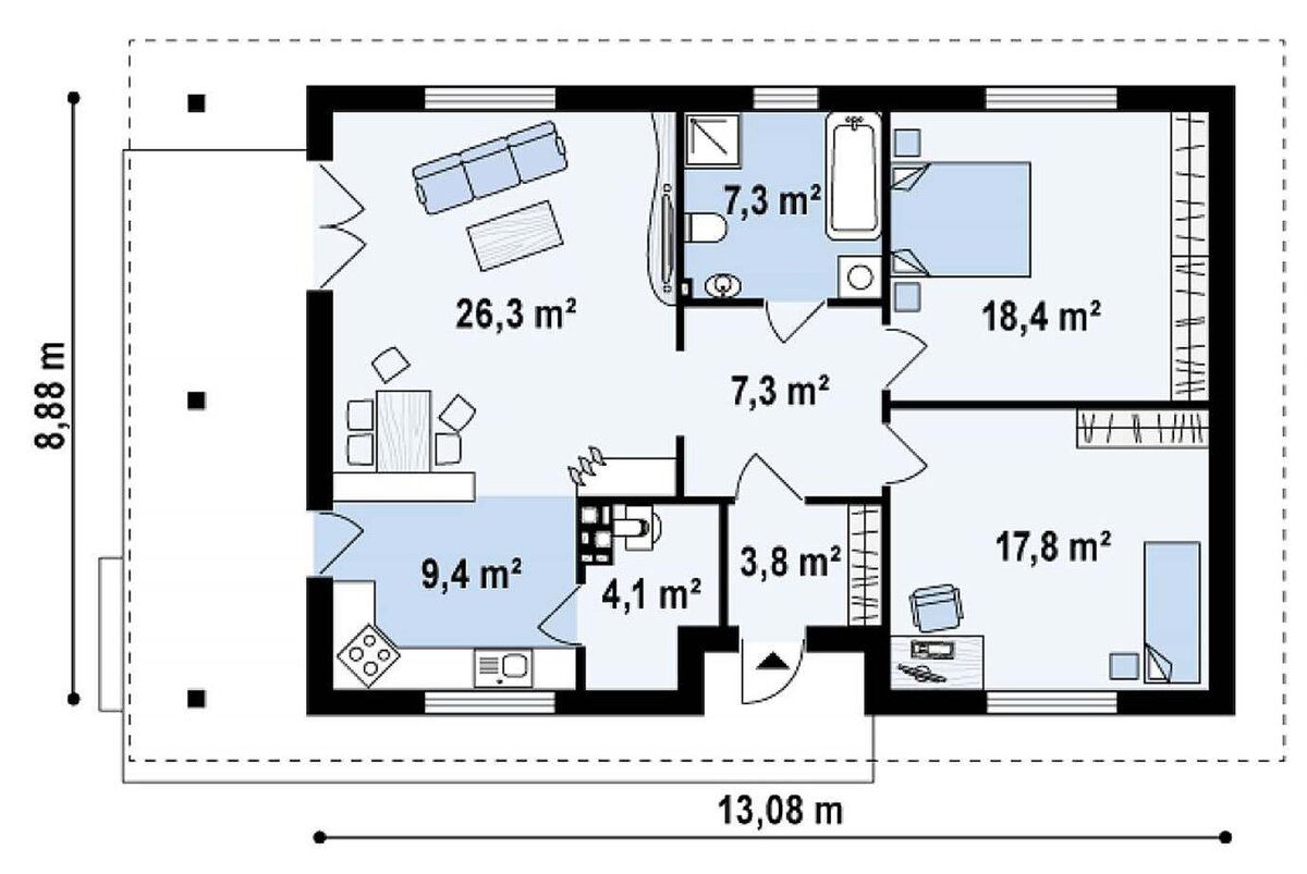 Одноэтажный дом 8х13 м., общей площадью 95 кв.м.