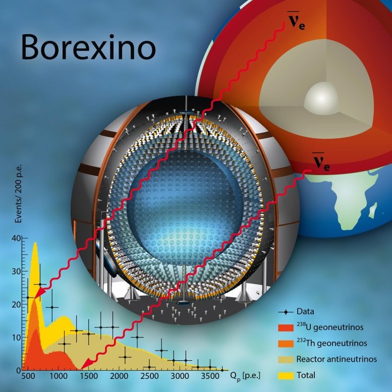 Диаграмма показывает геонейтрино из недр Земли, измеренных детектором Borexino, что приводит к окончательным энергетическим спектрам. Ось X показывает заряд (количество фотоэлектронов) сигнала, который является мерой энергии, накопленной в детекторе, а ось Y показывает количество измеренных событий. Кредит: Авторское право Borexino Collaboration