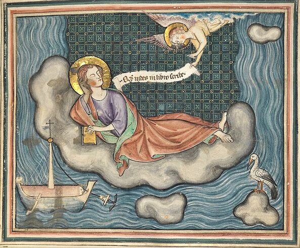 Иоанн Богослов получает откровение. Из монастырского Апокалипсиса, иллюминированные рукописи.