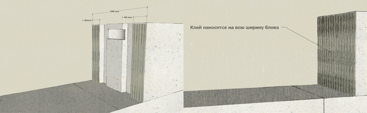 Клеевой слой на вертикальных швах кладки из газобетонных блоков.