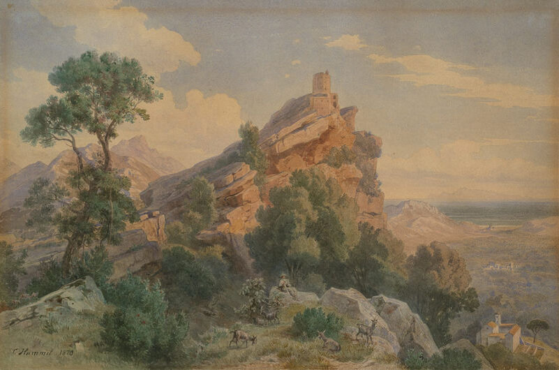 2. Der Turm des Seneca auf Korsika mit Blick auf das Tal von Luri im Norden von Cap Corse, mit der Insel Elba am Horizont