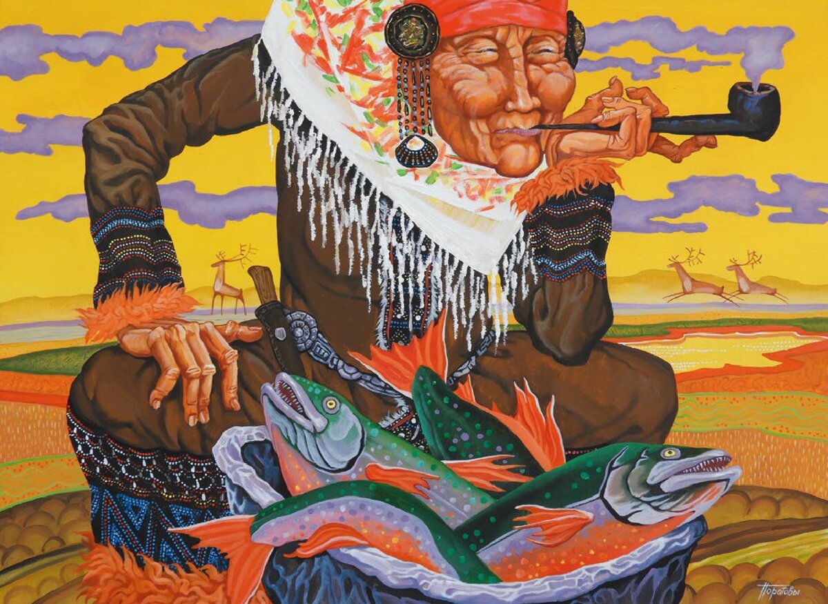 Иллюстрация «СОЛНЦЕ-ШАМАН», серия «Ровдуга», 2014 г. Художники Юлия и Евгений Поротовы.