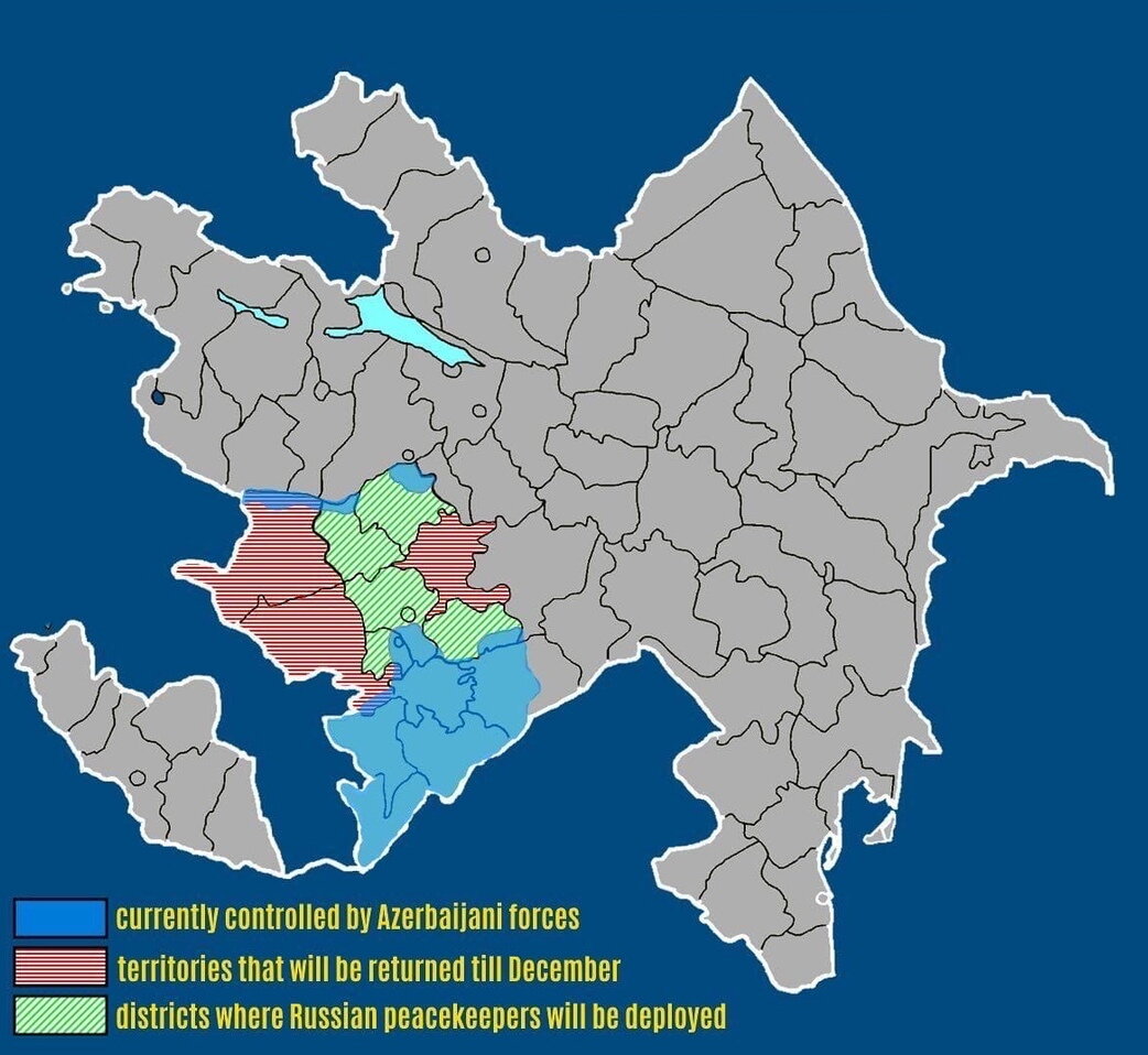 Зеленый- русские миротворцы, голубой-  ВС Азербайджана, красный - Армения(скорее всего отдадут)